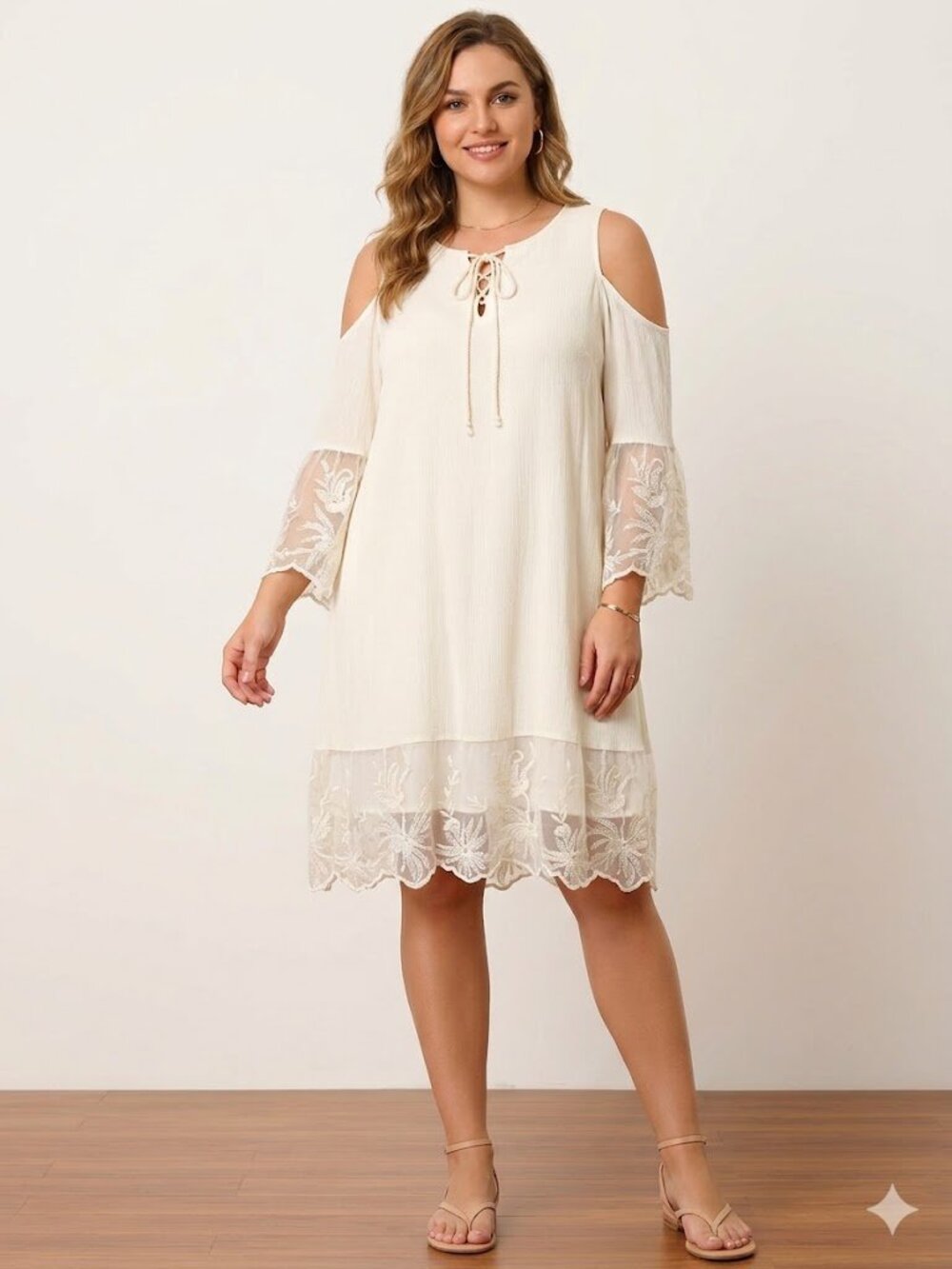 J Gee Cold Shoulder Dress Gauze Lace Trim Ivory